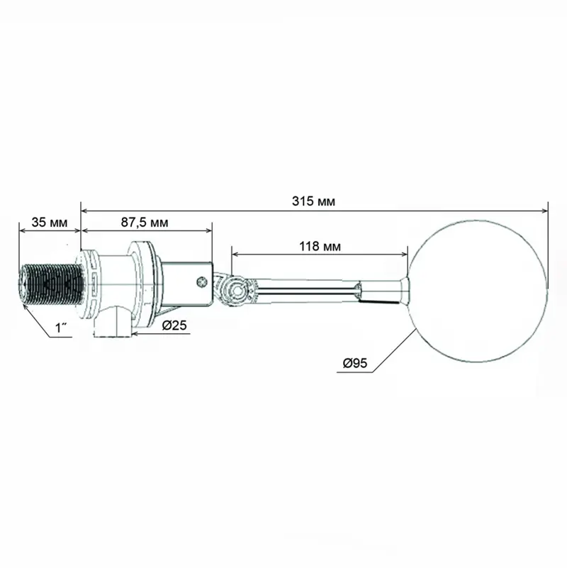 Клапан поплавковый G1 пластик шар, L= 315 мм